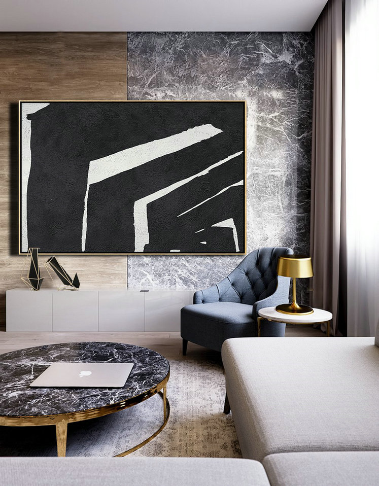 Large Canvas Wall Art For Sale,Hand Painted Oversized Horizontal Minimal Art On Canvas, Black And White Minimalist Painting - Contemporary Art Acrylic Painting
